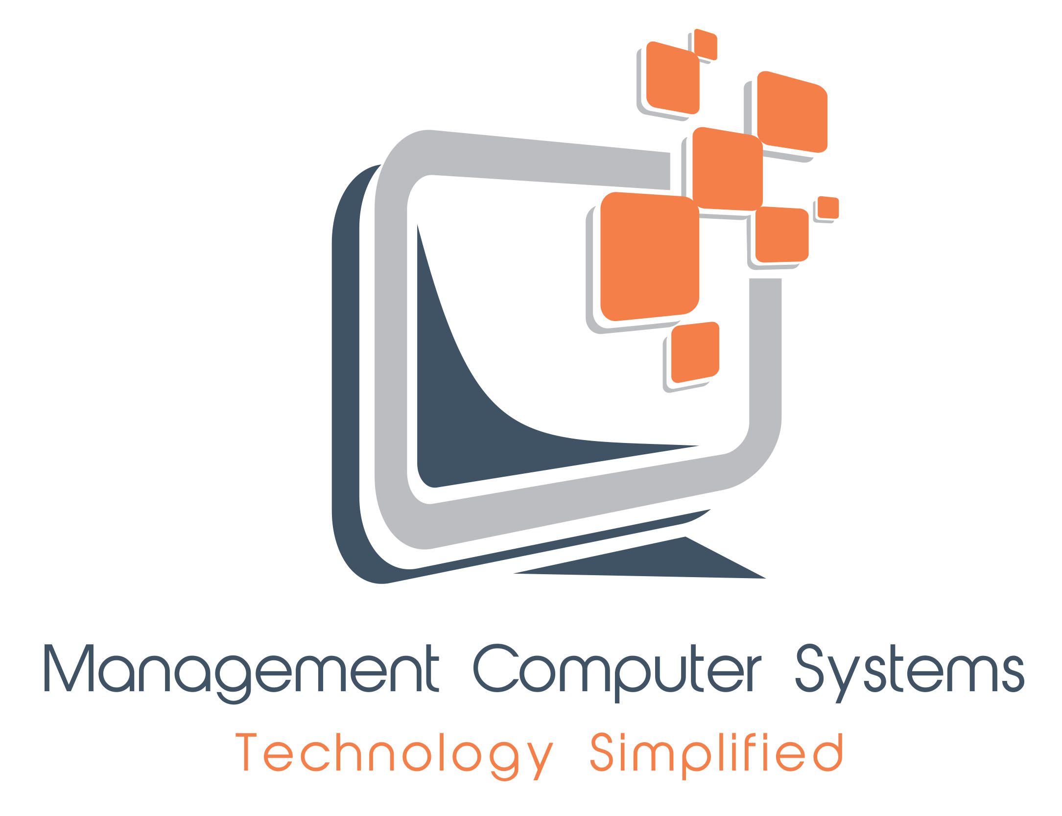 Logo with stylized computer screen and orange squares representing technology.