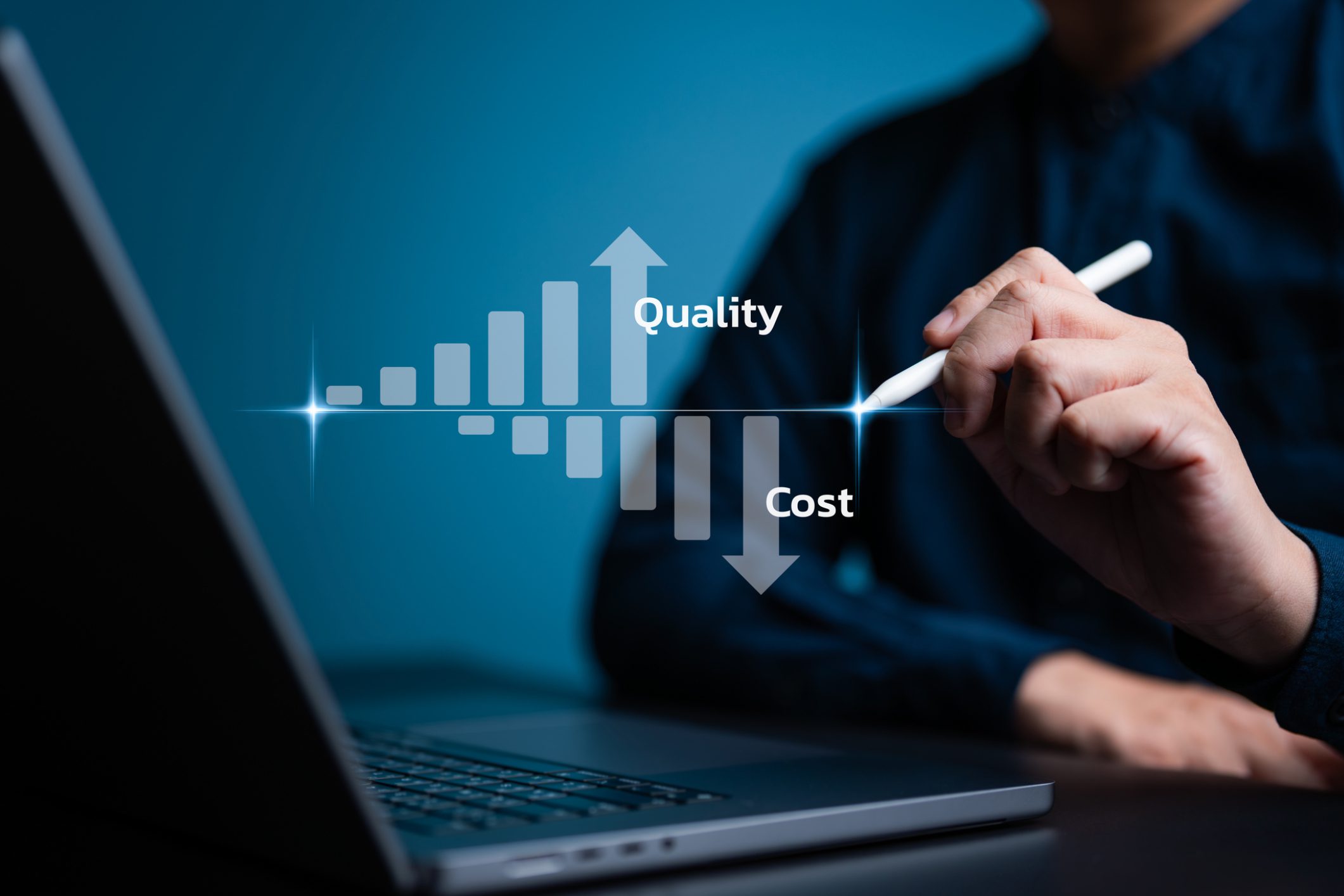 Person adjusting quality-cost balance on laptop.
