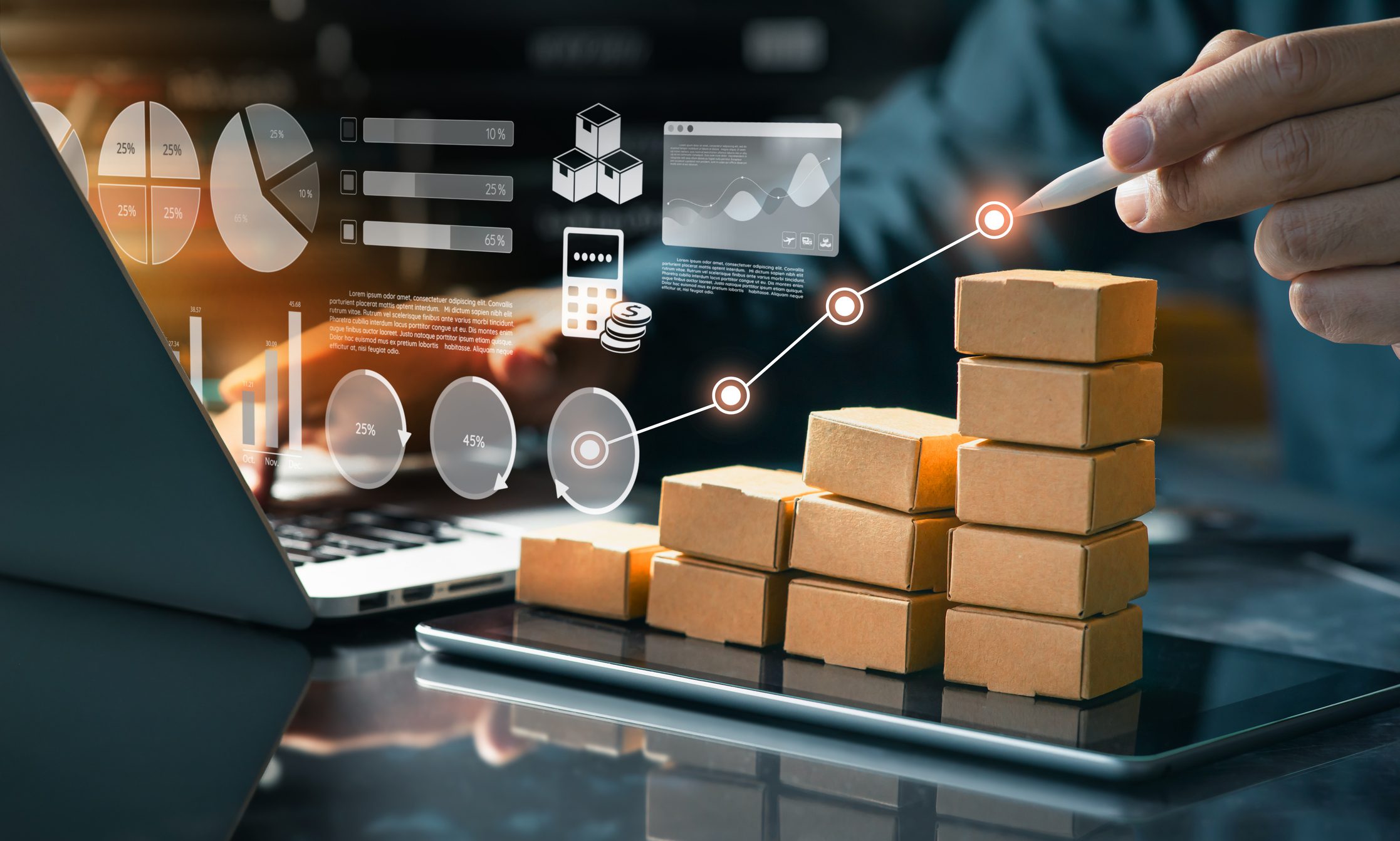 Business growth graph with stacked boxes.