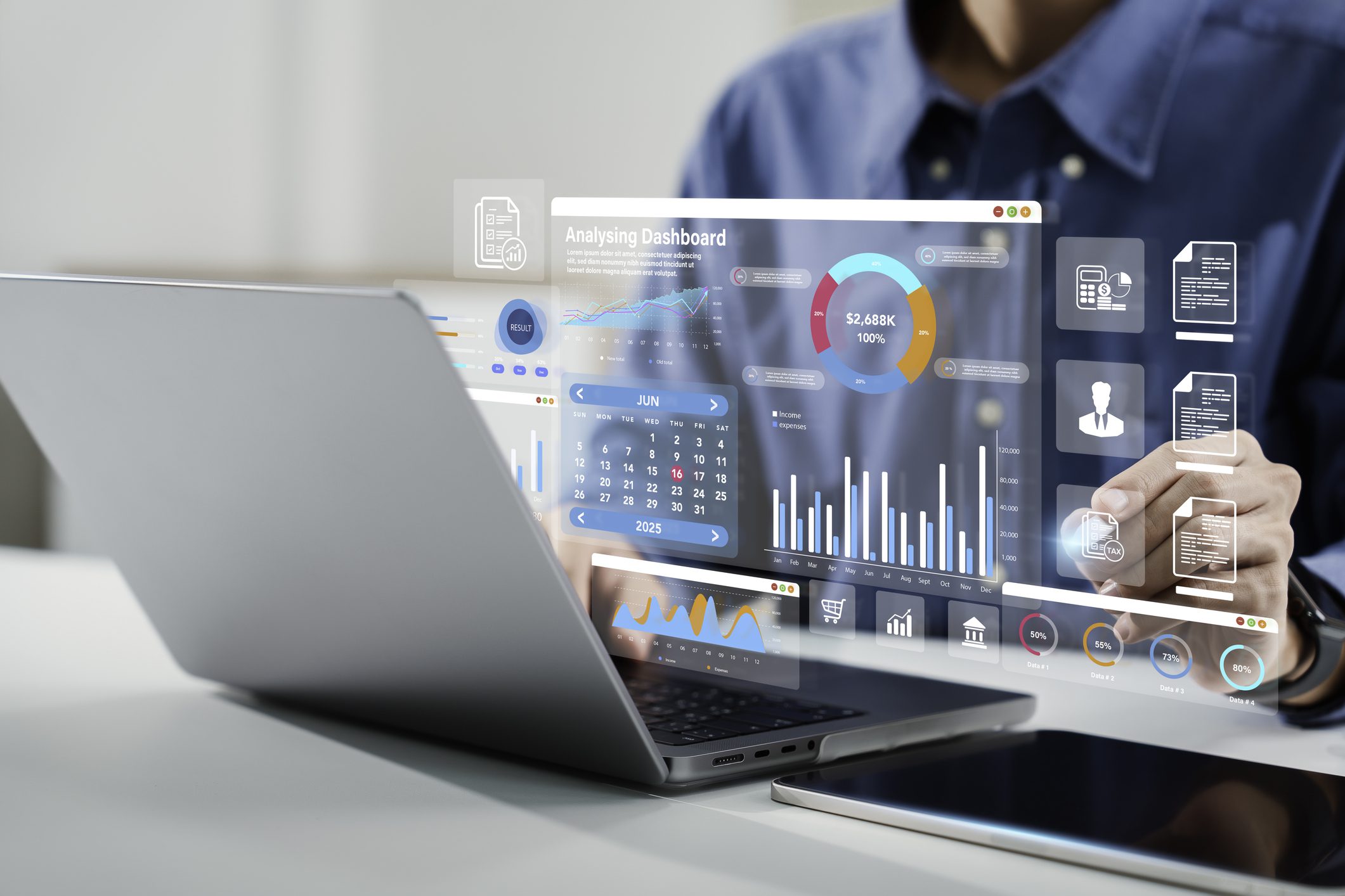 Businessman analyzing transparent digital financial data on laptop.