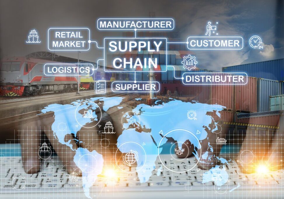 Global supply chain concept with digital map.