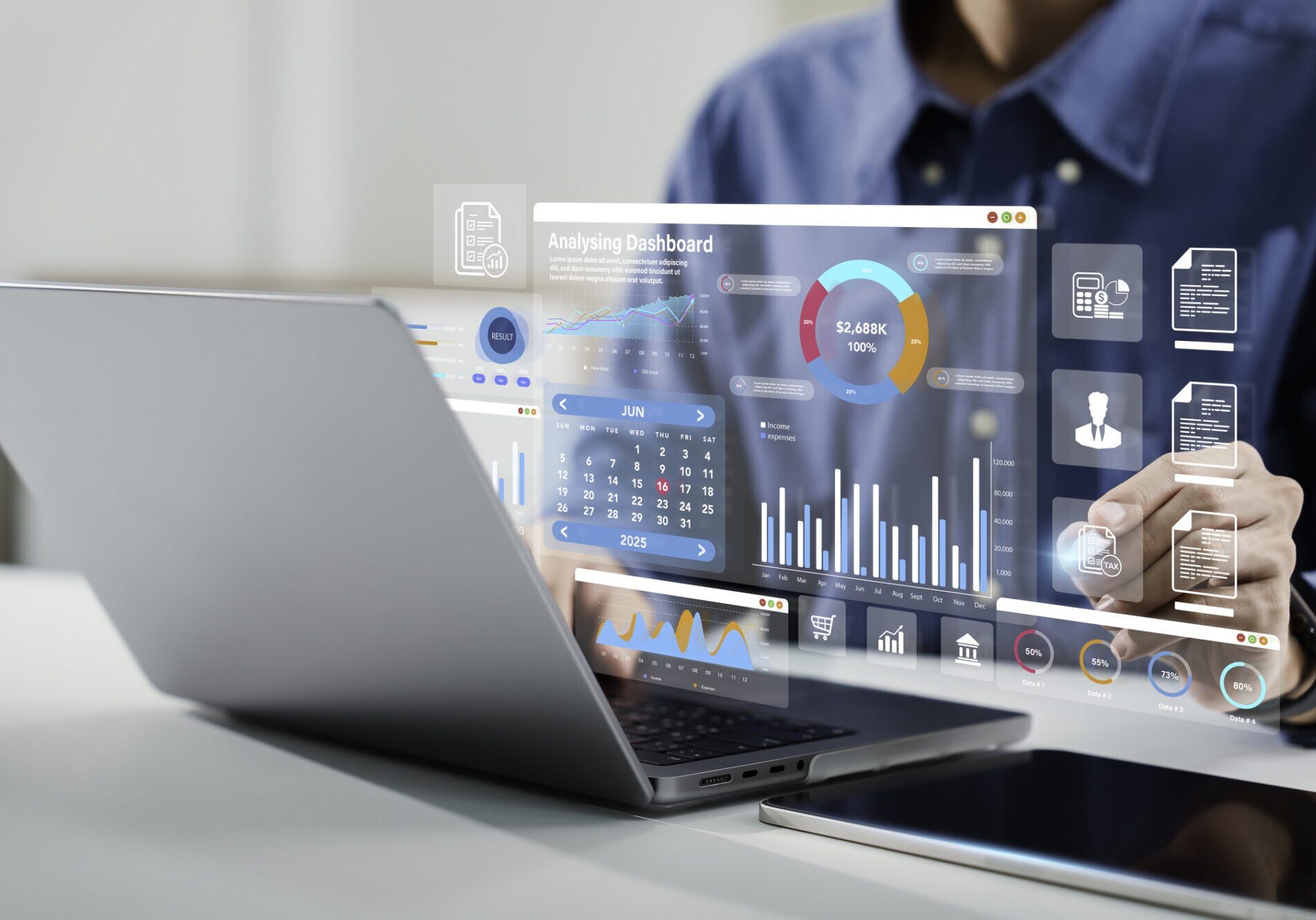 Businessman analyzing transparent digital financial data on laptop.